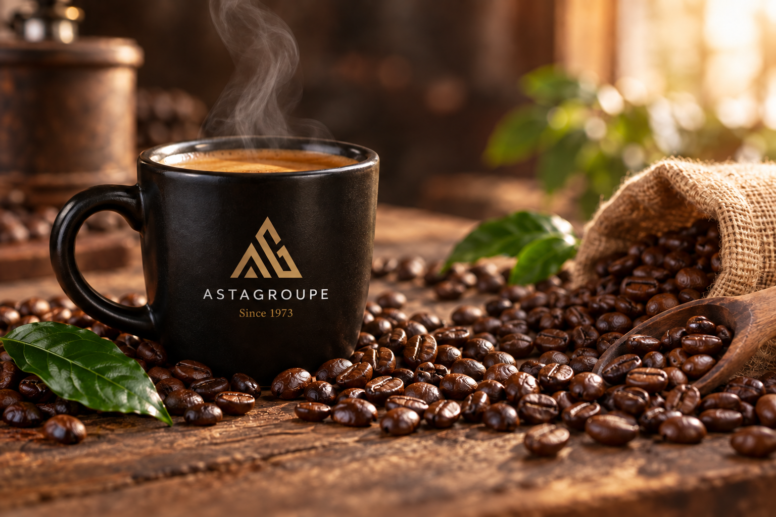 Une tasse de café ASTAGROUPE au milieu de grains fraîchement torréfiés